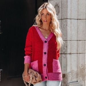 Worn Womens Red Pink Cardigan Oversized 